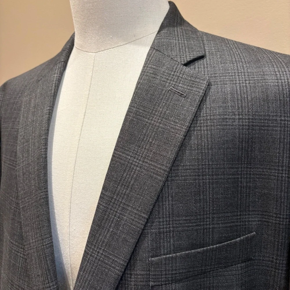 Chaps Suit Jacket Mens 50R Grey Glen Check Two Button Blazer Modern NEW